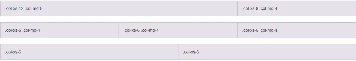 Mixed mobil and desktop; col-xs-12, col-md-8, col-xs-6, col-md-4.