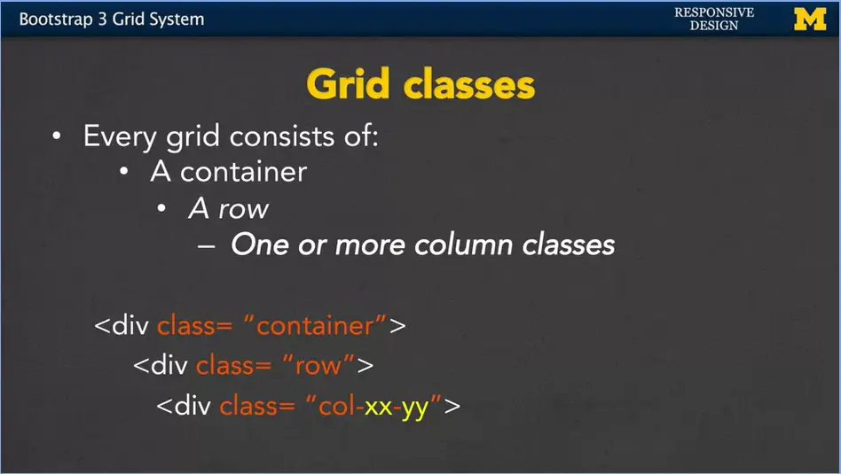 Grid in Boostrap is 3 div classes; container, row and col-xx-yy.