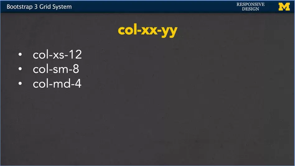 col-md-4 - medium screen; 4 columns or 1/3 of screen.