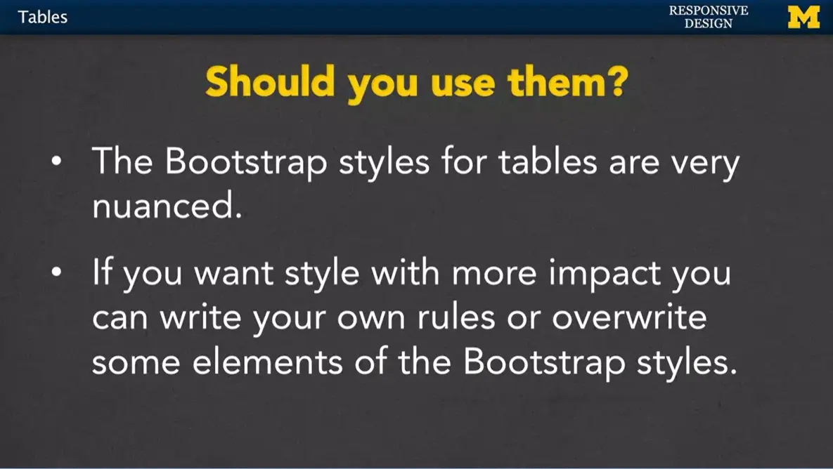 Should you use bootstrap tables?  Usually, no.